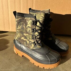 Sorel Men's Camo Black Duck Boots with Brown Soles